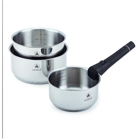 LAGUIOLE, Ensemble de 3 casseroles en acier inoxydable, poignée amovible, compatible tous feux, empilables, capacité 1,25L, 2,00L, 2,50L - 16/18/20 cm, Argent