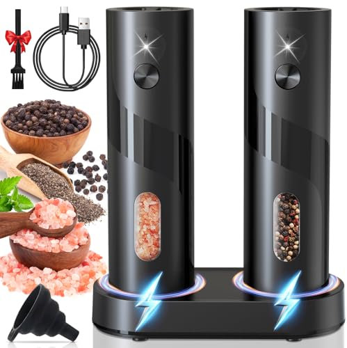 UCAMP Ensemble de Moulin à Poivre Électrique, Lot de 2 Moulins À Sel Et Poivre Électriques,Salieres et Poivrieres Electrique Automatique avec base rechargeable(Grande capacité de 110 ML)