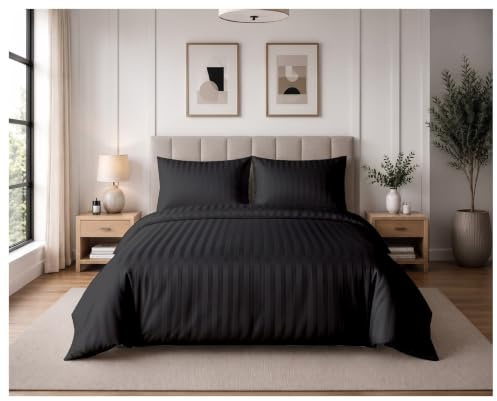 Home In Style 4U SuperKing Duvet Cover Sets Black Satin Stripes Bedding | Reversible Hotel Bedding Duvet Cover Set with Pillowcases, Ultra Soft Breathable Hypoallergenic Quilt Bed Covers