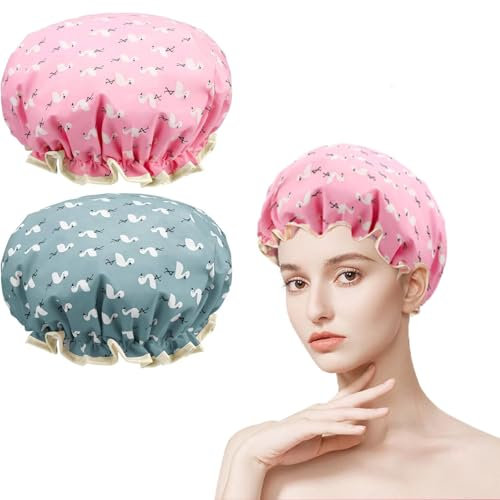 2PCS Waterproof Bath Caps - Elastic Band Double Layers Shower Caps for Women, Men, Salon, Swimming, Spa, Hair Dye, Travel