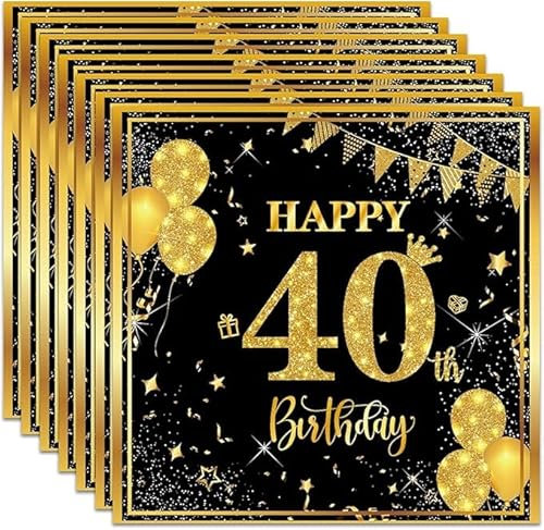 Servietten zum 40. Geburtstag, 40 Stück, Schwarz / Gold, Happy Birthday, Papierservietten, Partyzubehör, Papierservietten