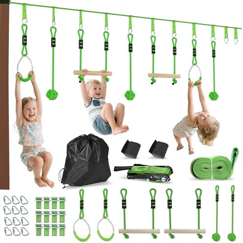 AIYAPLAY Zip Line for Kids Outdoor Adventures,7 Piece 10m Kids Slackline Kit with Wooden Monkey Bars, Metal Rings, Gripping Balls, Toddler Zip Line for Garden, Green