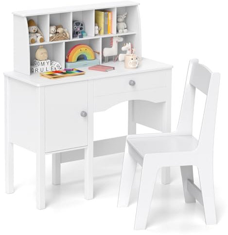 GYMAX Kids Desk and Chair Set, Children Writing Table with Drawer, Hutch and Storage Cabinet, Wooden Student Study Desk Set for Boys Girls (White)