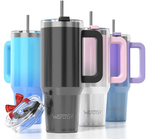 WATERSY 891ml Gobelet à Café à Emporter, Double Paroi en Acier Inoxydable, Anti-fuite, Avec Poignée et Paille, Chaudes Pendant 12 Heures et Froides Pendant 24 Heures, Noir Brillant