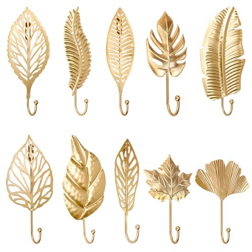 QUMENEY Wand montiert Metall Kleiderhaken Gold Leaves dekorative hängende Wandhaken Schlüsselhalter Kleiderbügel für Eingang Bad Schlafzimmer Bauernhof Dekoration (10)