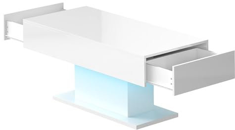 radelldar Couchtisch LED, Wohnzimmertisch mit 2 Schubladen für Wohnzimmer Hochglanz 110x55x50cm (Weiß)
