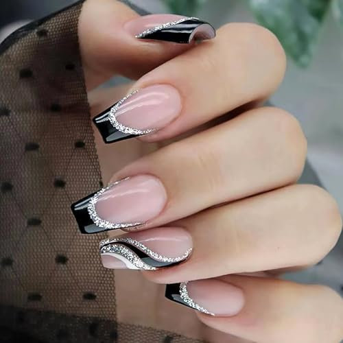 Black Nails French Tip - Glitter False Nails with Glue - 24PCS Coffin Press on nails - Gothic Ballet Fake Nails - Stick on nails for Women Long Lasting - Medium Nail Tips Glue On