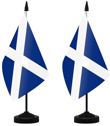 NQ Scotland Table Flag Set, 21 x 14CM Small Scottish Flag with Stand Base, Mini Flagpole Kit for Office Home Conference Holiday Decorations (2 Pack)