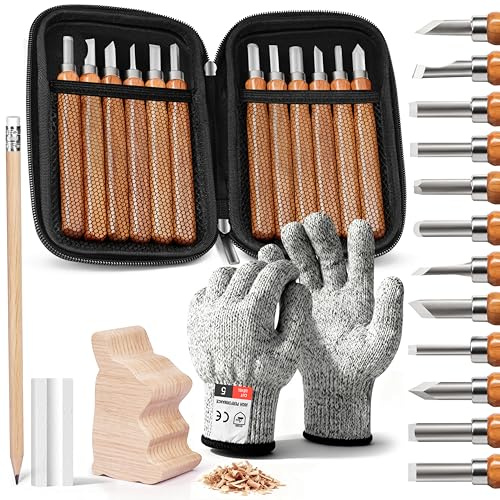 MAIKEHIGH Kit d'outils de sculpture sur bois 17Pcs - professionnel Menuiserie Ciseaux à bois sur manche avec couvercles de protection pour bricoleur Sculpture Experts en charpentier et débutants