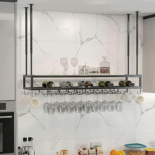 Porta di viti in metallo a soffitto, portamette di calici, altezza per mensole per vino appeso regolabile, muro, porta in vetro di vino montato perfetto per la cucina del bar, nero, 80 cm Made in