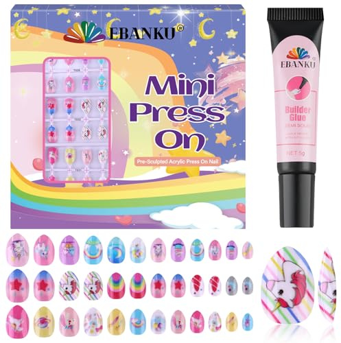 EBANKU 3 Pack Unicorn Press on Nail Kid, Cute False Nails for Kids Colorful Press on Nail Short Artificial Fake Nail Kits for Women Girls