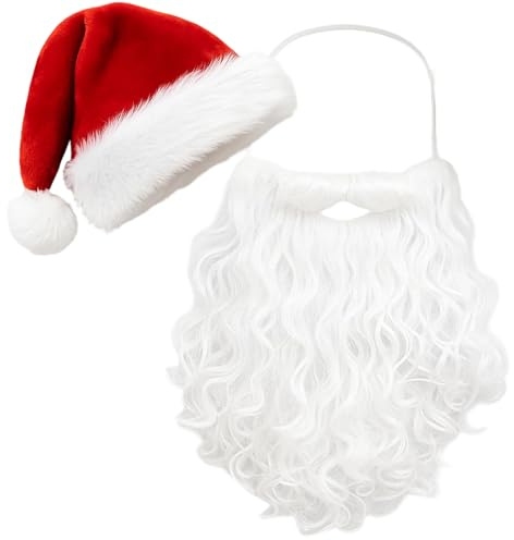 PDirat Weihnachtsmütze Und Weihnachtsmann Bart Set, Weihnachtsmann Kostüm Accessoires Für Erwachsene, Nikolausmütze Mit Bart, Ideal Für Weihnachtsfeiern Und Familienfeste ﻿