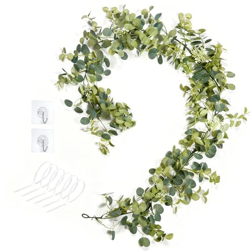BaiMoure 1.8m Artificial Eucalyptus Garland Greenery Vines, 1 Pack | Fake leaves, hooks, ties; table runner centrepiece, wedding arch, fireplace mantle, Christmas wreath, DIY crafts