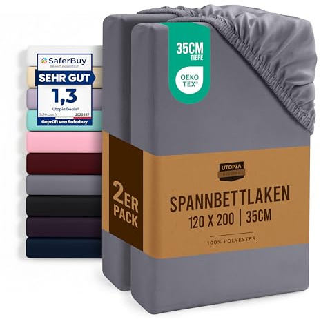 Utopia Bedding - 2er Set Spannbettlaken 120x200cm - Bettlaken - Grau | 35 cm Tiefe Tasche - Oeko-Tex Zertifiziertes - Gebürstete Mikrofaser Spannbetttuch