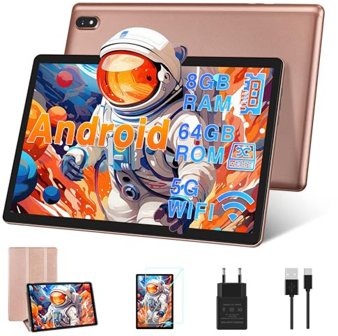 DMOAO Tablet 10 Pulgadas Android con 5G Wi-Fi, HD Tablets con 8GB RAM + 64GB ROM (Ampliable hasta 1TB), GPS, 8 Cores 2.0 GHz, Bluetooth 5.0, 1280 * 800 IPS, USB-C, 6000 mAh, Oro