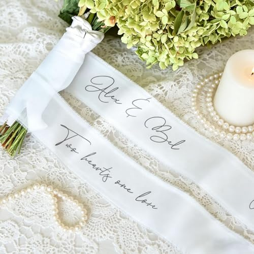 Personalisiertes Band Für Den Brautstrauß – Mit Namen, Datum Oder Gelübden Nach Wunsch – 1 M Handgefertigtes Chiffon-Seidenband Mit Ausgefransten Kanten – Romantisches Hochzeitsandenken