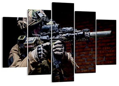 Mehrteilige Bilder auf Leinwand 150x100cm Leinwandbild Soldat Gewehr Groß XXL Wanddeko Bild Schlafzimmer Set 5 teilige Wandbilder Dekoration Wohnzimmer Decor Canvas Wand Kunstdruck Art EA150x100-3785