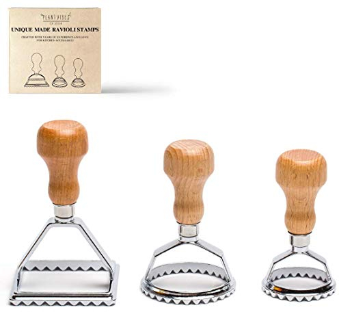 Plantvibes Ravioli-Ausstecher im 3er-Set, 3 wunderschöne Ravioli-Former mit Holzgriff, Ravioli-Stempel und Raviolischneider