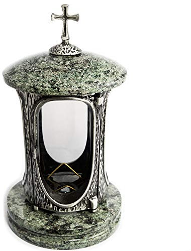 Stilvolle Grablaterne Anthrazit mit Kreuz Granit Olive Höhe 27 cm/Ø 15 cm Grableuchte Grablicht Grablampe Granitlampe Granitlaterne Bronze mit Sockel Grabschmuck