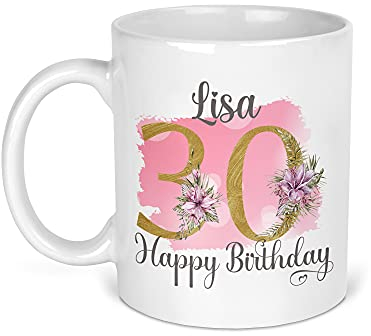 30th Birthday Gift for Women, Personalised Mug/Cup, Floral Design, Add Name, Birthday Gift for Mum, 1991