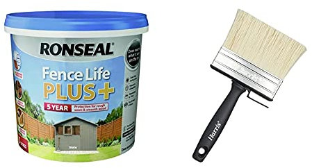 RONSEAL RSLFLPPS5L FLPPS5L Fence Life Plus+ Slate 5 Litre, 5L & Essen 4.0 Block Brush
