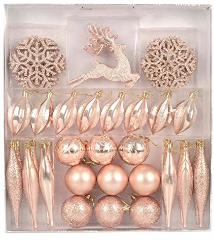 Mr Crimbo Pack of 45 Christmas Tree Ornaments Baubles Xmas Decorations - Rose Gold