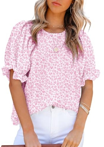 Dokotoo Womens Tops Summer Blouses and Tops Casual Floral Print Crewneck Flowy Smocked Puff Short Sleeve Shirt Stylish Loose Babydoll Blouse Elegant Solid Shirts Top for Teen Girls Juniors Medium Pink