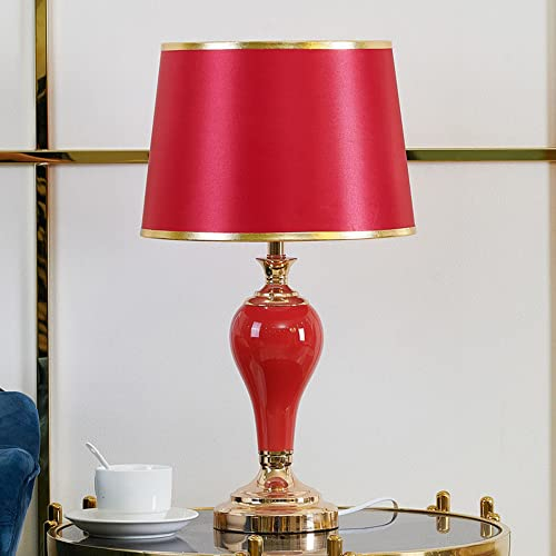 Mengjay Chinesische Tischlampe Porzellan Rot Handgefertigt mit Lampenschirm E27 Orientalische Tischleuchte Keramik Nachttischlampen (ohne Glühbirnen)
