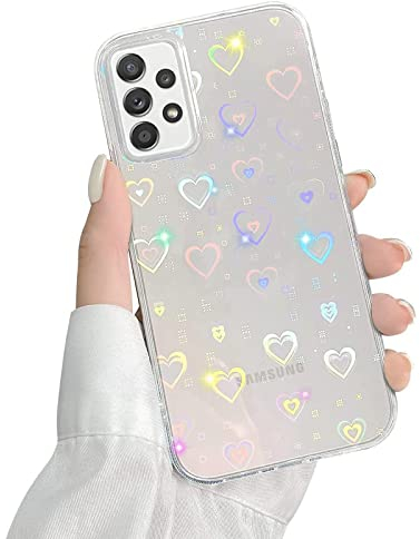 QUESPLE Kompatibel mit Samsung Galaxy A52 Hülle Transparent Glitzer Herz Muster für Frauen Mädchen Mode Weiche Langlebige Schlanke TPU Handyhülle, Hart PC Rückseite Kratzfest