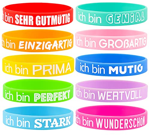 BETESSIN 10 Stücke Motivationsarmbänder Deutsch Inspirierende Silikon Armbänder mit Positiven Sprüchen Powerarmbänder Set für Teens Damen Herren - Kleine Geschenke