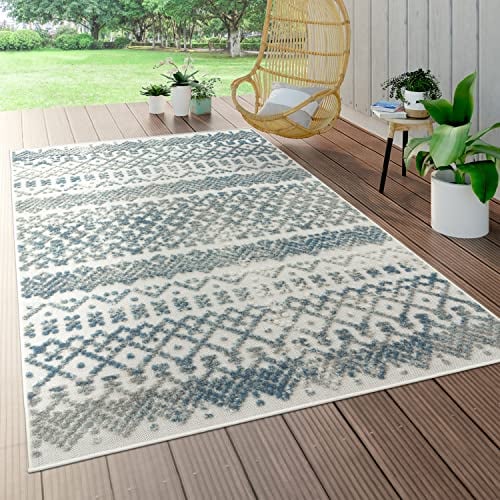 Paco Home Outdoor Teppich Wetterfest Wohnzimmer Balkon Küche Orientalisch Ornament Skandinavisch Geometrisches Muster 3D Effekt Modern, Grösse:160 cm Rund, Farbe:Türkis