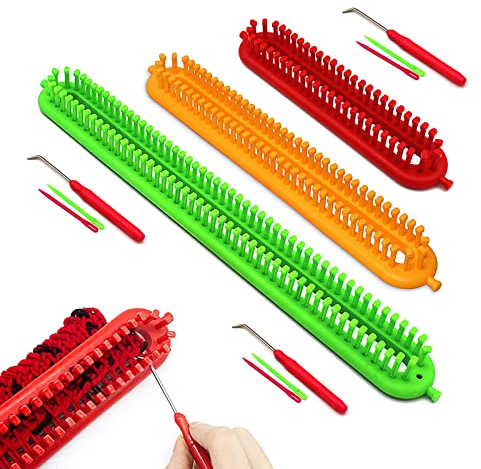 Katech Strickrahmen, 3 Dichter Zahn Knitting Loom Set mit Haken und Wolle Nadel, Lange Strickrahmen für Socken Mützen Schals Pullis, Klassischen Strickliesel