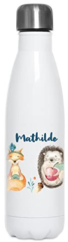 Gourde pour enfants - 350 ml - 500 ml - Petite et grande gourde avec nom - Personnalisable - Pour la maternelle et l'école - En acier inoxydable (animaux de la forêt, renard, hérisson, lapin, 500 ml)
