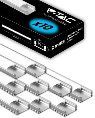 V-TAC 10x Profili per Strisce Led da 2 METRI Rettangolari in Alluminio - (20m Totali) - Copertura Opaca - Ingombro max 12,4 mm - Dimensioni 17,4 x 7 mm