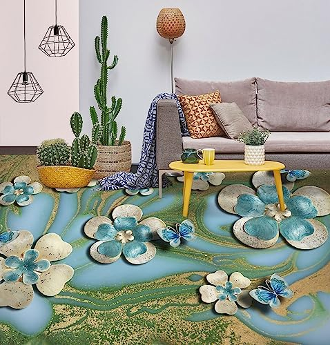 Badezimmerbodenaufkleber Wasserdicht 3D-Bodentapeten mit blauen Blütenblättern, 150 x 105 cm Bodenfliesen Aufkleber Wohnzimmer Studie Wasserdicht Bodenbelag Tapete, Epoxidharz