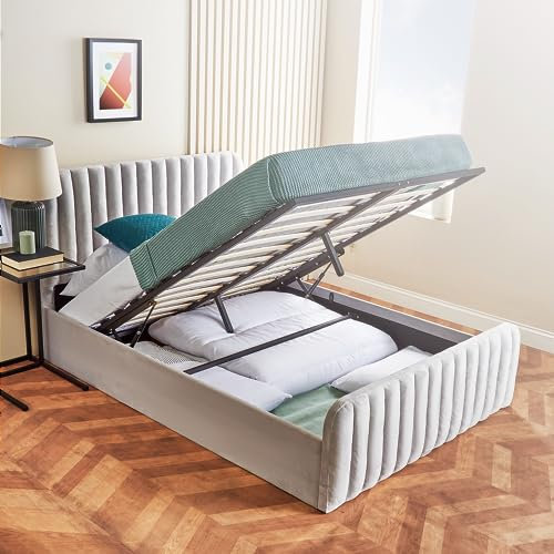 Home Treats Ottoman Bed Frame Double | Storage Bed 4ft6 | Luxury Padded Velvet Upholstery Bed With Mattress & Storage (Deluxe Hybrid Mattress, Double)