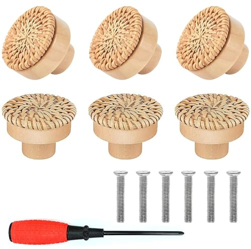 EXFU 6 Stück Möbelknöpfe holz, Rattan Möbelknöpfe, Holz Tür Schubladengriffe, Runde Holzknöpfe, Natur Schrankknöpfe Mit Schrauben, Möbelknöpfe Holz Boho Deko, Mit Schrauben