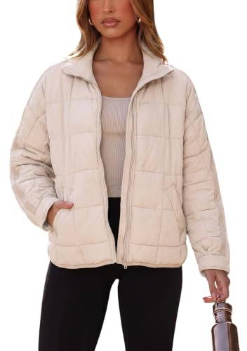 Omoone Women's Quilted Puffer Jacket Zip Up Oversized Lightweight Padded Down Coat Outerwear(3877-Khaki-M)