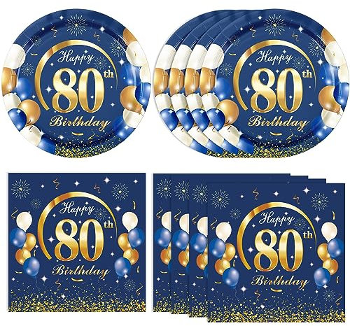 40PCS 80th Birthday Decorations forMen 80th Birthday Decorations Navy Blue and Gold Theme Party Supplies Include Plates and Napkins For 80 Years Old Party Supplies Gifts