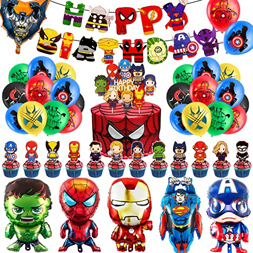 Party Decorations,40 Pièces Hero Birthday Decorations Party Supplies Include 6 Large Foil Balloons 20 Latex Balloon Theme Birthday Balloons and Cake Topper for Boys Girls