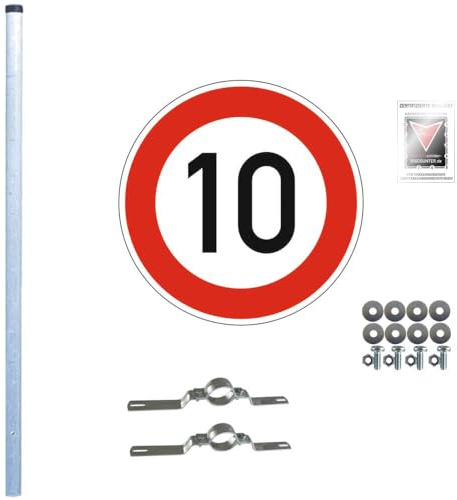 TMS PRO SHOP Komplett-Set 10kmh: 10kmh-Schild, 3m Einbetonier-Pfosten und Schild Befestigung, Art.-Nr. 607312