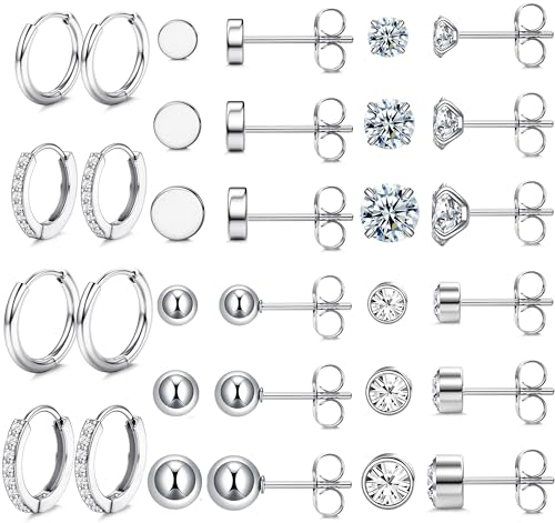 JeweBella Kleine Ohrstecker Chirurgenstahl für Damen Mädchen Silber Creolen Ohrringe Set Opal Kugel Cubic Zirkonia Ohrstecker Hypoallergen Knorpel Schläfer Huggie Ohrringe für Mehrere Piercings