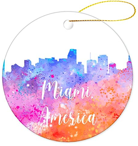 Weihnachtsbaumschmuck 7.3cm, Amerika-Miamis, Rundes Stadtbild Weihnachtsschmuck Ideal Runde Keramik Ornament Premium Weihnachtsanhänger Für Party Weihnachtsbaum Geschenke