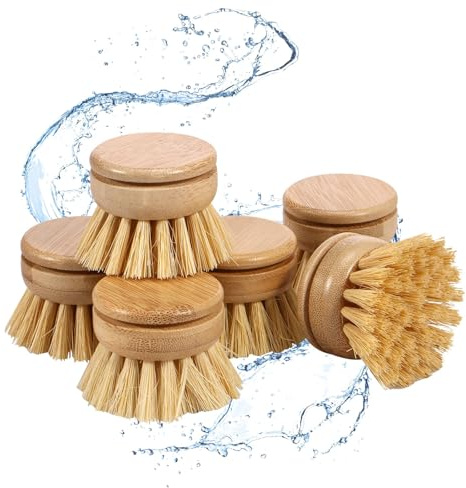 Juego de 6 cepillos de vajilla de Madera para Recambio de sisal, de vajilla de bambú, de Setas, Cabezal de de vajilla de bambú y cerdas Suaves para Cocina