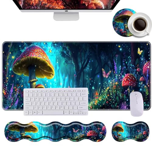 DSRGRGFDJ Tastatur-Handgelenkauflage + Maus-Handgelenkpolster + Schreibtischunterlage-Set, Memory-Schaum, ergonomisch, einfaches Tippen, Schmerzlinderung für Computer, Laptop, Büro, Zuhause, Pilze und