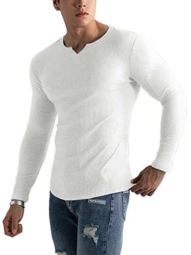 Muscle Cmdr Men's Henley Long Sleeve T-Shirt Slim Fit V Neck Shirts Stretch Tee Casual Underwear Athletic Medium Weight White XS