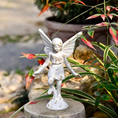 Sungmor Gartenengel aus Gusseisen, rustikale weiße verspielte Gartenfeen-Figuren, kreative Engel-Pixie-Kollektion, Heimbüro, Schreibtischdekoration, Innen- und Außenbereich, Feengarten-Akzent-Ornament