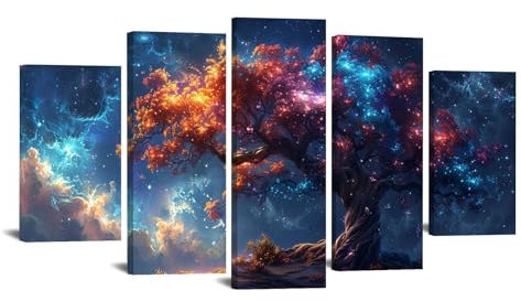 JOSUE 5 pezzi Albero Della Vita Quadri Paesaggio astratto Quadri Su Tela,Oro, nero Quadro Decorativo Soggiorno Salotto Camera Da Letto Cucina Ufficio-100x200cm Incorniciato