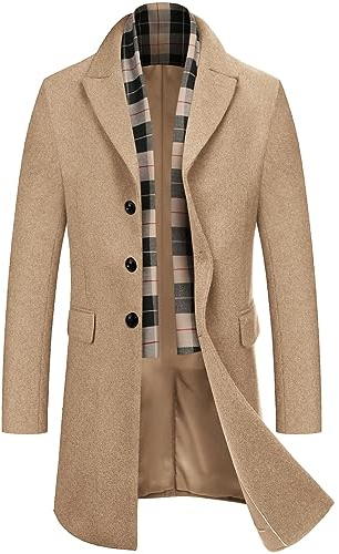 COOFANDY Mantel Herren Wintermantel Winterjacke Trenchcoat Windjacke Reversjacke Herrenmantel Kurzmantel mit Abnehmbaren Karierten Schals Männer Warmer Wollmantel Khaki XL