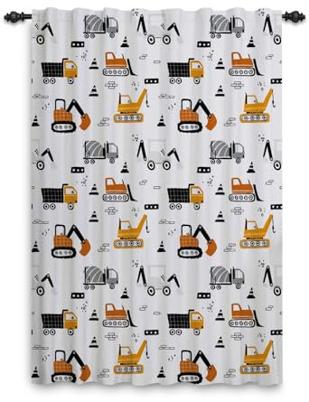 ggaimwf Vorhänge Kinderzimmer Jungen Cartoon LKW-Bulldozer-Kranfahrzeuge-Konstruktionsmuster Fensterdekorationen Kindervorhänge für Schlafzimmer Bleistiftfalte Teens Spielzimmer 135x175cm 1 Stück